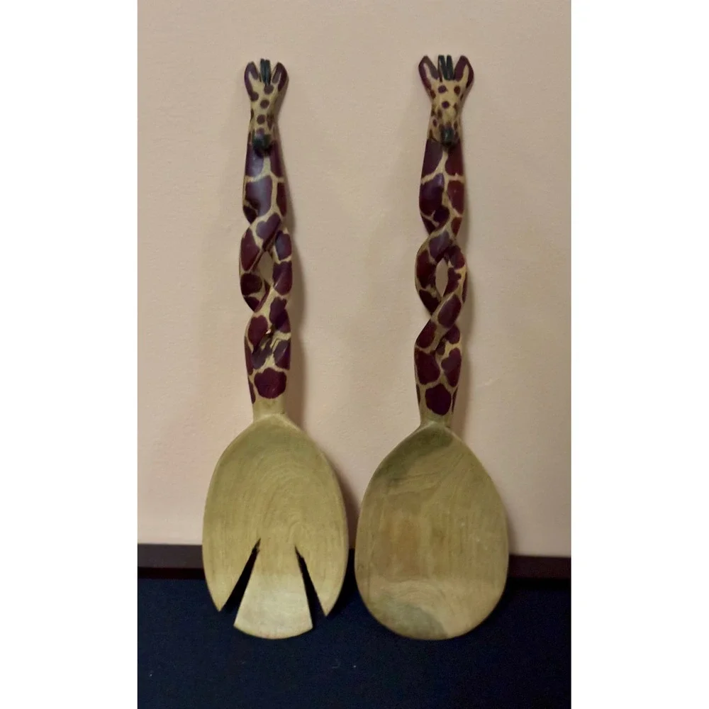 Hand Carved Wooden Giraffe Salad Server Set African Theme Spoon Fork 12 Inch
